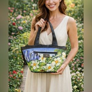 Sharif Floral Painted Leather Shoulder Bag in Blue, Green, White